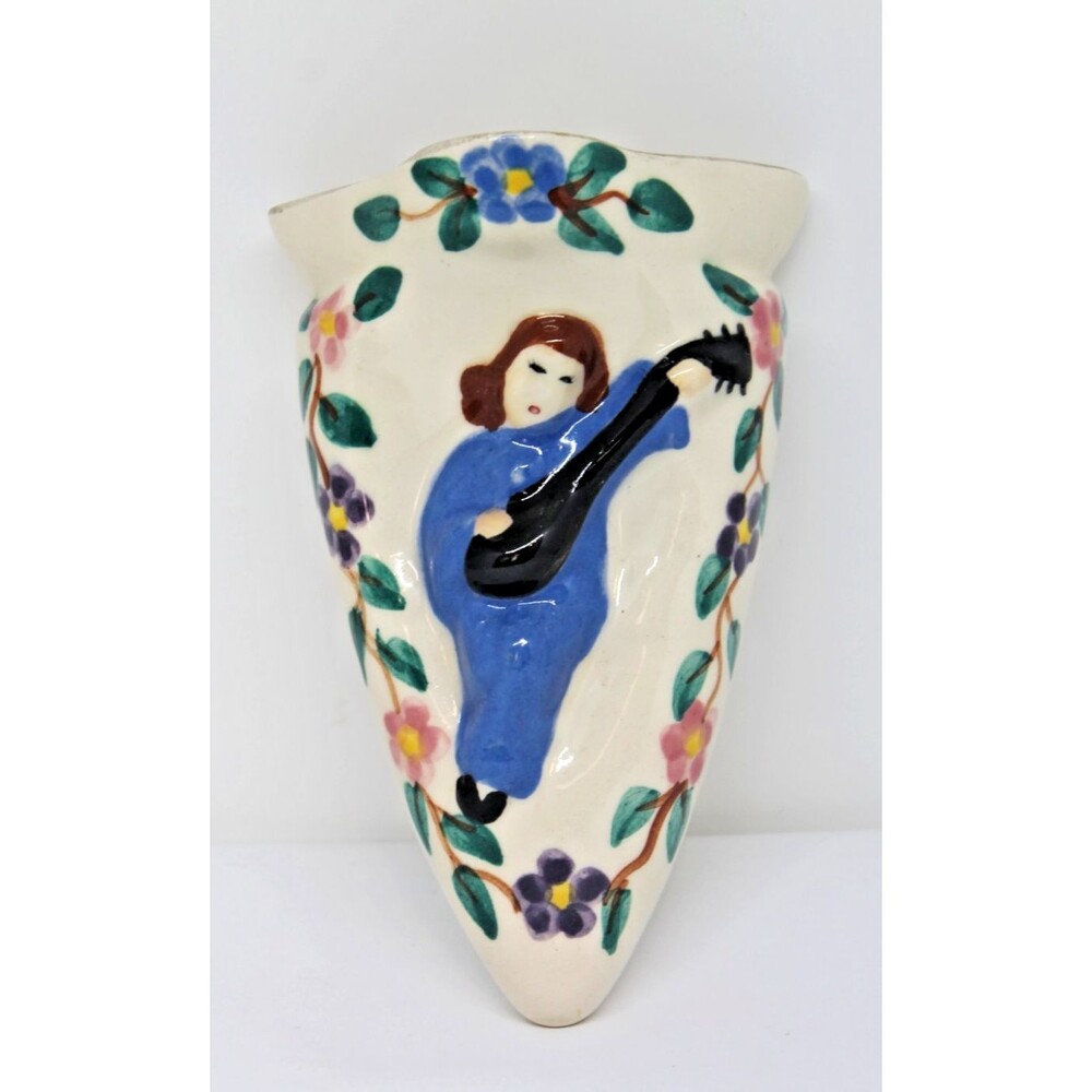 Vintage Japan Ceramic Wall Pocket Vase. Girl with Lute, Guitar 5.5"x3.5"